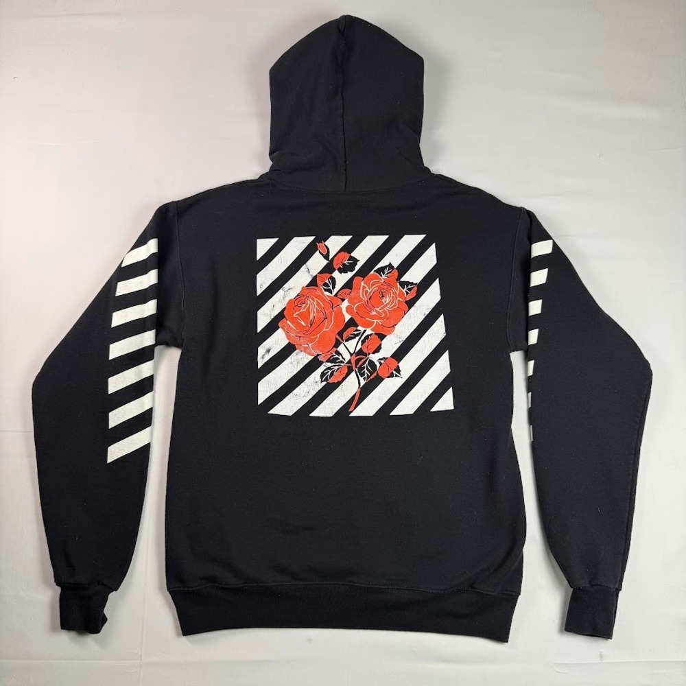 Bowery Supply Co Mens Black Rose Stripe Graphic Hoodie Small Streetwear Pullover